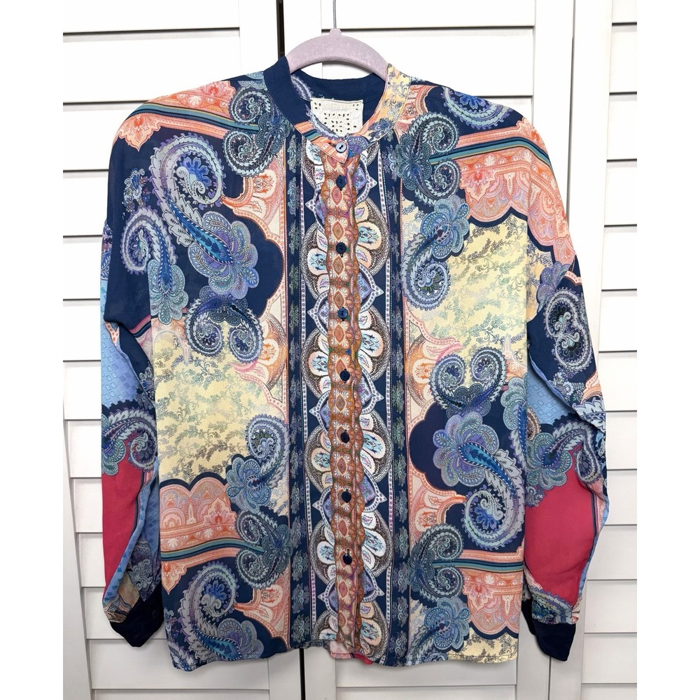 Johnny Was Boho Paisley Silk Blend Oversized Button Down Top Women's Size XXS - Picture 4 of 12